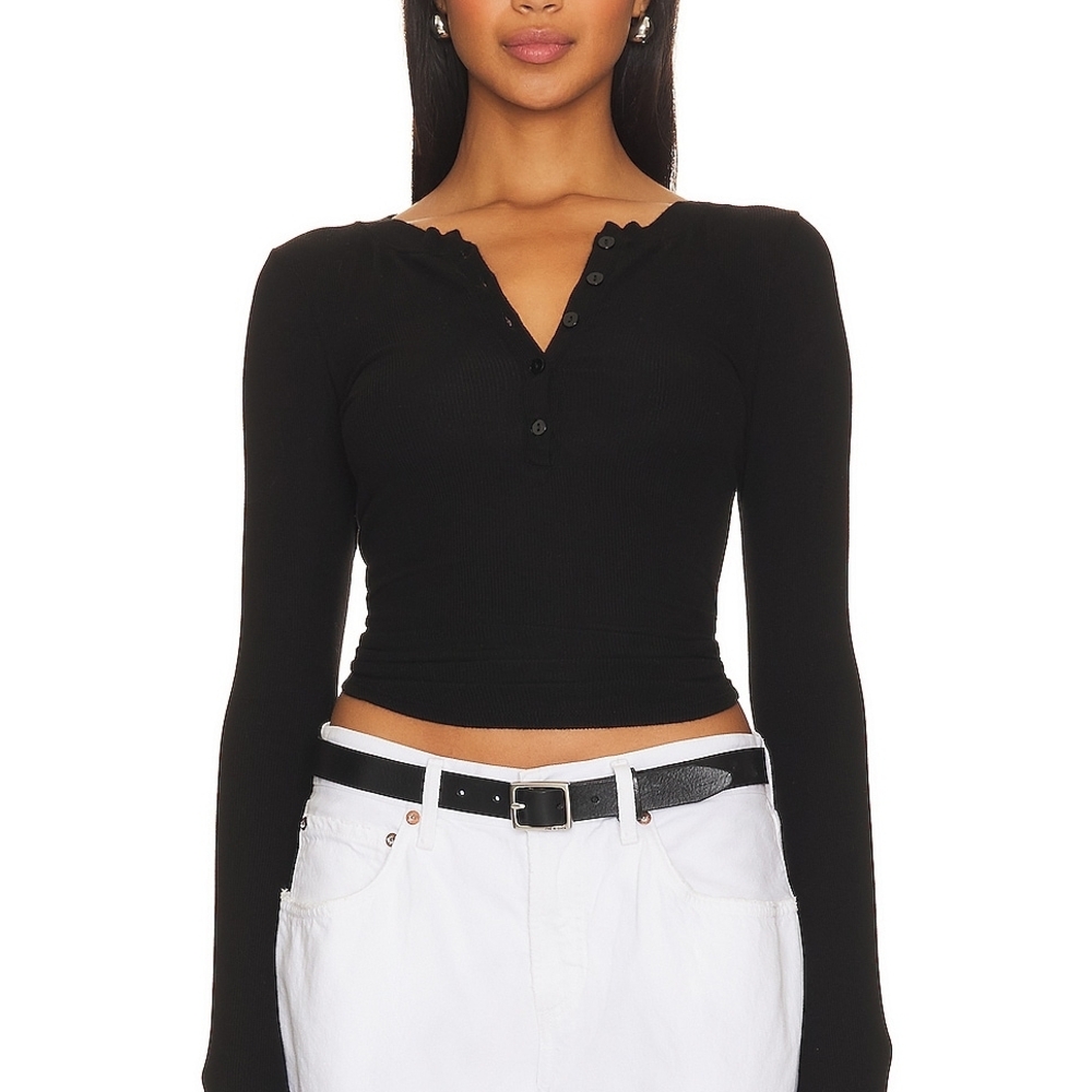 Enza Costa Black Silk Ribbed Long-Sleeve Henley Top L 2026
